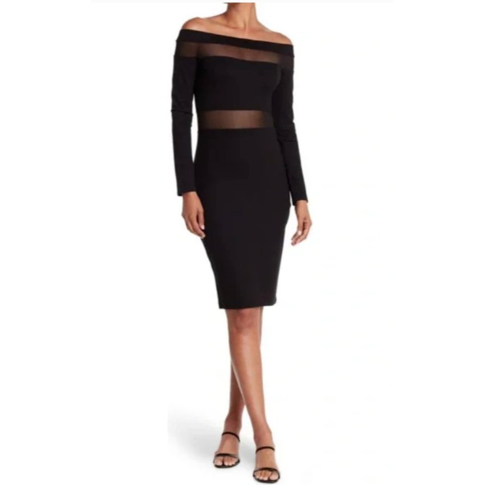 NEW Love by Design Black Illusion Sheer Panel Off Shoulder Dress Size Medium